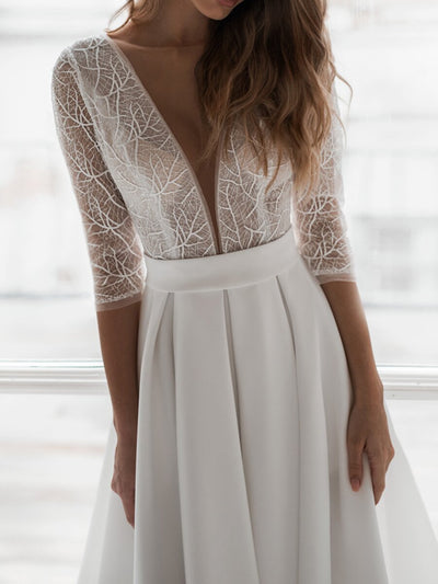 Vestido de Novia Satinado con Encaje en Espalda y Mangas Largas Bordadas - Image 10