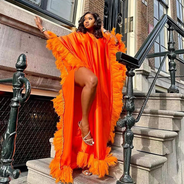 Vestido Africano Suelto de Lujo con Manga Murciélago y Abertura Alta