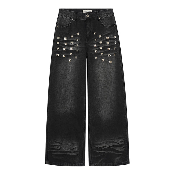 Pantalones Vaqueros Desteñidos para Mujer con Diseño de Remaches Estilo Americano y Detalles Rasgados