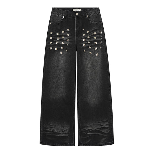 Pantalones Vaqueros Desteñidos para Mujer con Diseño de Remaches Estilo Americano y Detalles Rasgados - Image 2