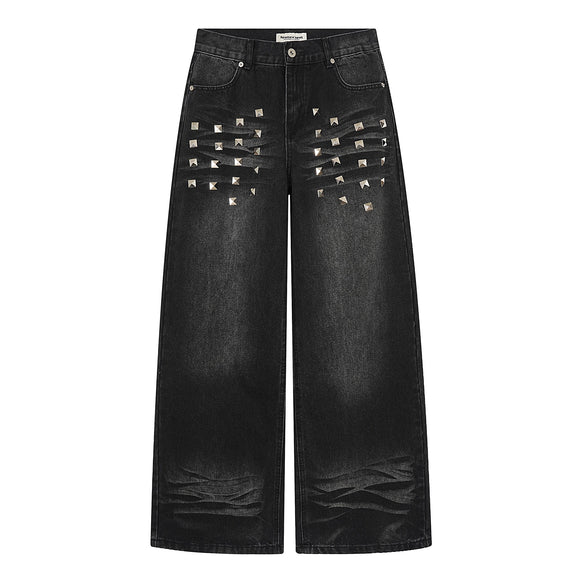 Pantalones Vaqueros Desteñidos para Mujer con Diseño de Remaches Estilo Americano y Detalles Rasgados