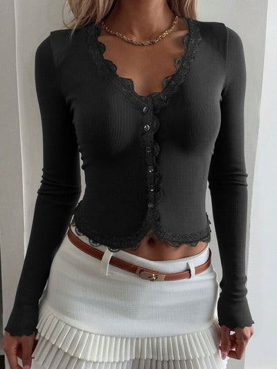 Blusa Elegante de Encaje y Costillas Manga Larga para Mujer - Image 12