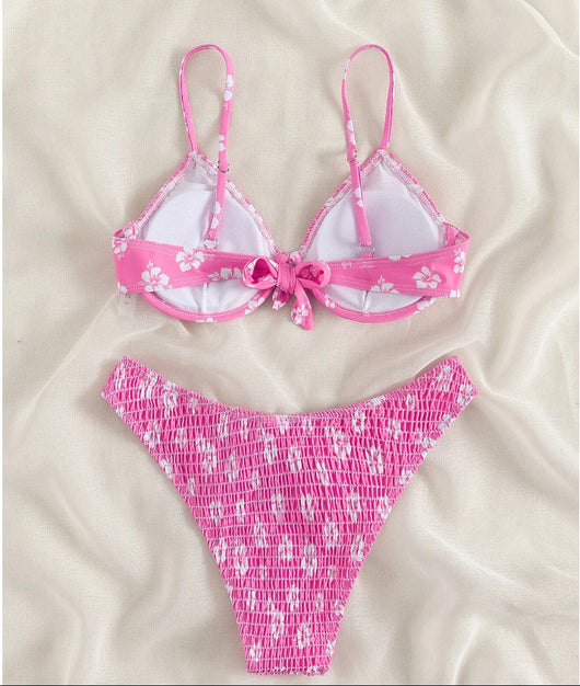 Periwinkle blue two-piece swimsuit with white floral pattern and ruched texture, featuring an underwire bikini top and high-cut bottoms. - Image 13