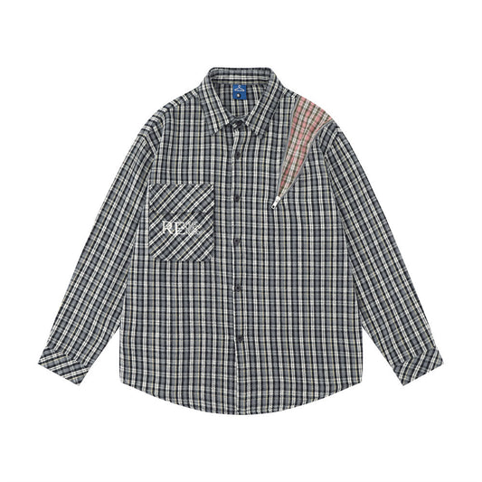 Camisa de Manga Larga a Cuadros con Bolsillo Bordado para Hombre