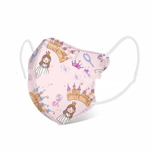 White children's 3D protective mask with a cartoon pattern of pink bears, blue cats, and trees, featuring ear loops. - Image 30