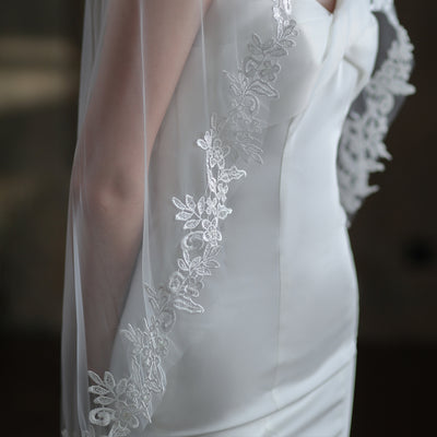 Velo de Novia Elegante Encaje Blanco Monocapa Europeo - Image 10