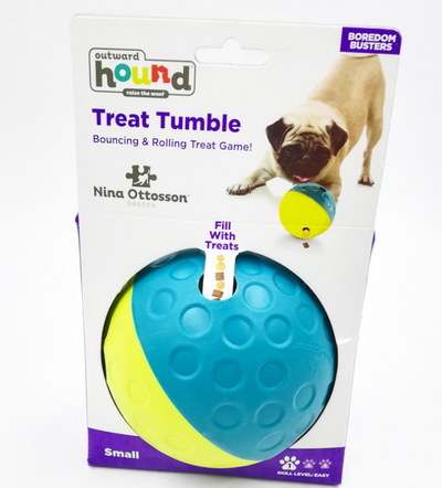 Small Outward Hound Treat Tumble dog toy in blue and yellow, a bouncing and rolling slow feeder. - Image 7