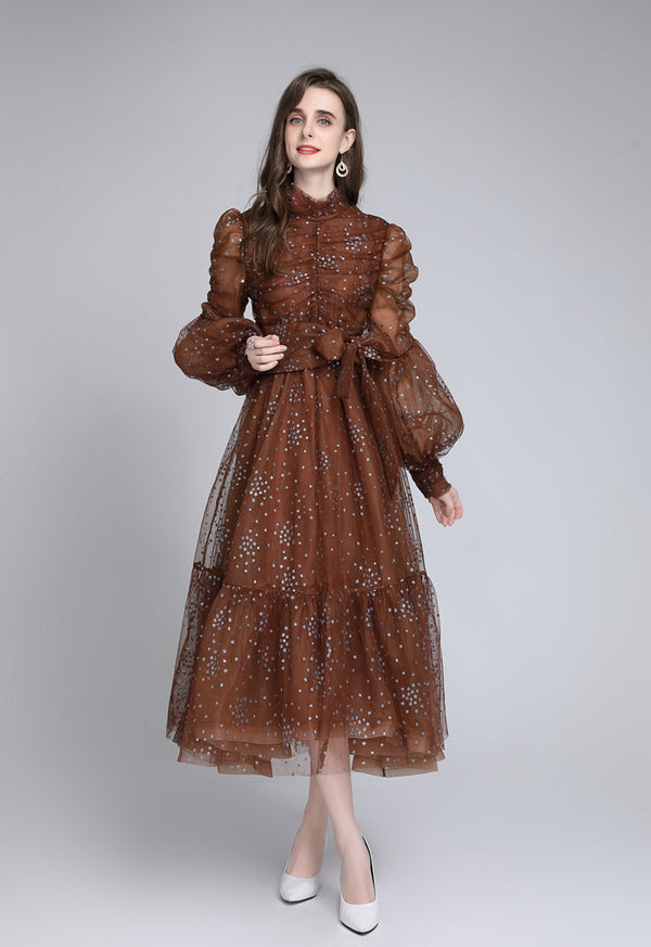 Vestido Slim Elegante con Estampado de Seda y Malla Brillante - Image 12