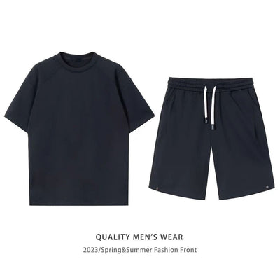 Khaki men's short-sleeved t-shirt and matching shorts set, featuring a loose fit and white drawstring. - Image 5