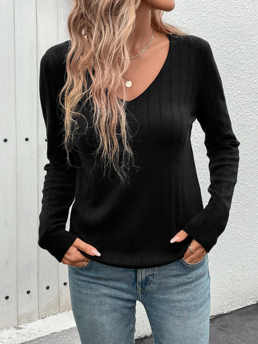 Suéter Negro Mujer Cuello V Rayas Hundidas Estilo Europeo Americano - Image 12