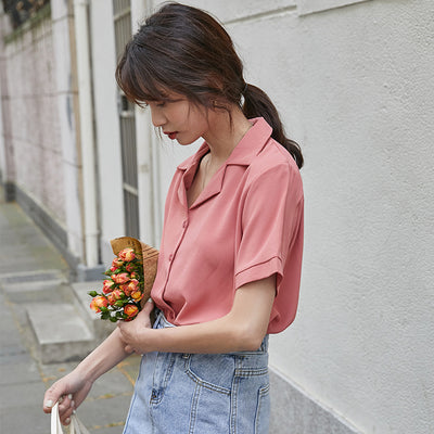 Blusa Elegante de Gasa con Cuello Solapa - Camisa Sofisticada de Manga Corta para Mujer - Image 8