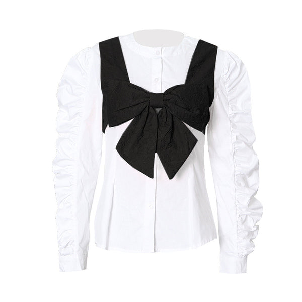 Conjunto de Dos Piezas: Chaleco Reversible con Blusa de Manga Globo y Moño para Mujer