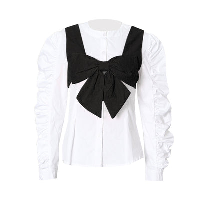Conjunto de Dos Piezas: Chaleco Reversible con Blusa de Manga Globo y Moño para Mujer