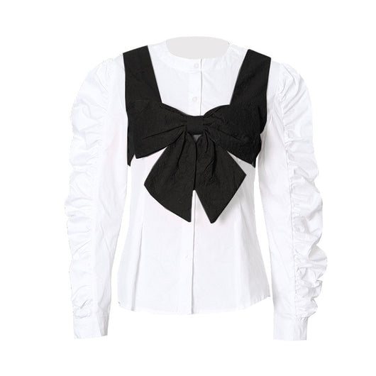 Conjunto de Dos Piezas: Chaleco Reversible con Blusa de Manga Globo y Moño para Mujer