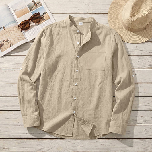 Camisa de Lino Estilo Americano con Cuello Mao y Mangas Medianas para Hombre - Image 8