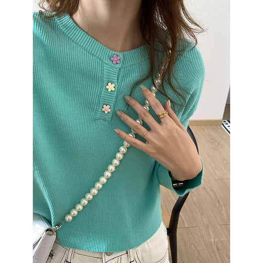 Suéter de Punto Liso Cuello Redondo Manga Corta para Mujer - Image 8