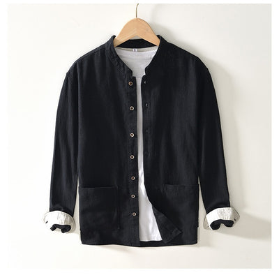 Camisa Lino Cuello Mao Manga Larga Transpirable Estilo Asiático para Hombre - Image 12