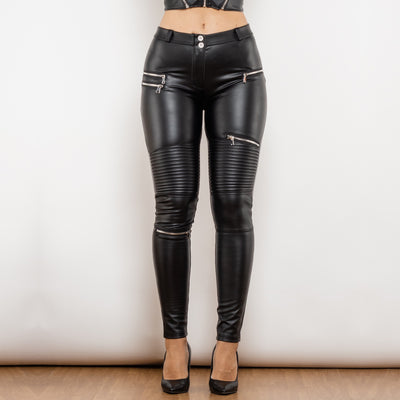 Pantalones de Cuero Smocking Negro Mate para Mujer