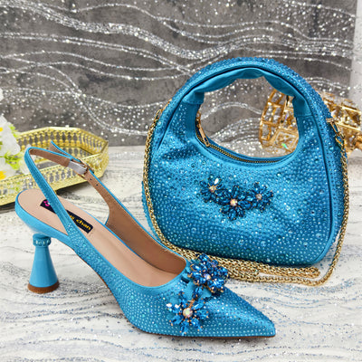 Zapatos de Tacón Alto Punta Fina con Flores de Cristales y Bolso Juego Suave - Image 3