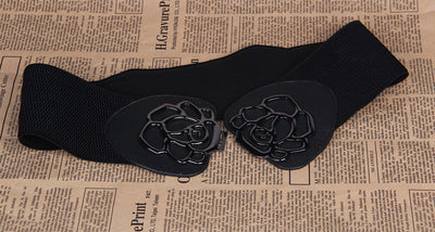 Red elastic women's belt featuring a prominent black alloy rose-shaped double buckle, suitable for various outfits. - Image 6