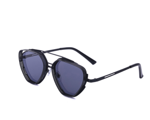 Steampunk hollow-out sunglasses for men with blue lenses, silver metal frame, and perforated side shields. - Image 4