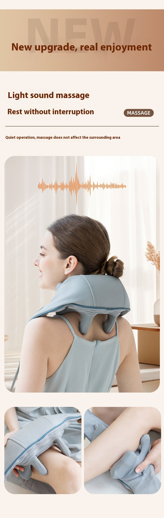Light gray shoulder and neck massager with blue trim, control buttons, and hanging straps on a white background. - Image 10