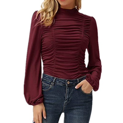 Blusa Manga Linterna Cuello Alto Colores Sólidos para Mujer - Image 6
