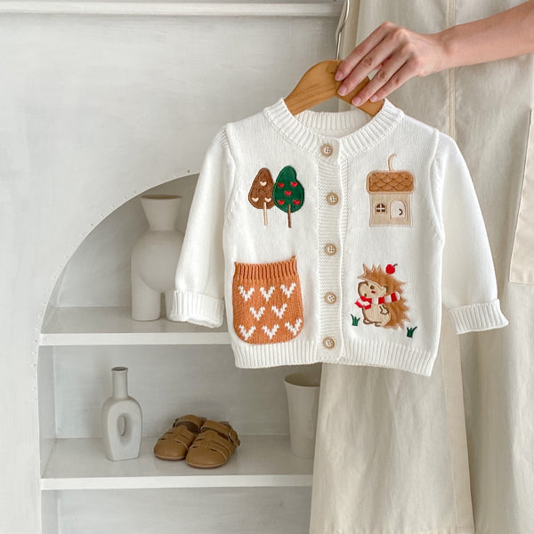 Cardigan Infantil de Algodón con Patrón de Dibujos Animados y Bordado