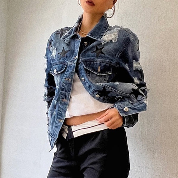 Chaqueta Denim Desgarrada con Solapa Estrella para Mujer
