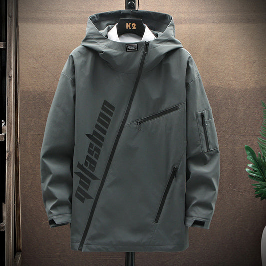 Chaqueta Minimalista Hombre con Cierre Diagonal Estampado