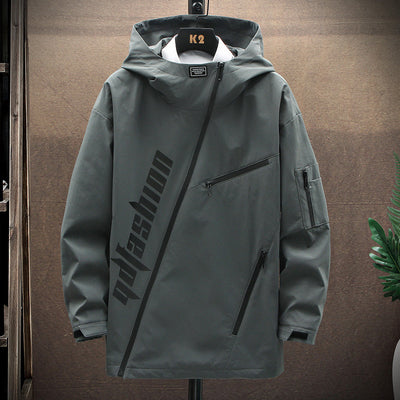 Chaqueta Minimalista Hombre con Cierre Diagonal Estampado