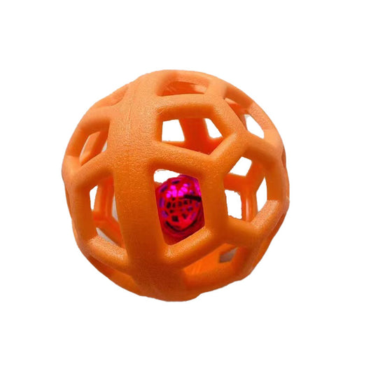 Orange TPR hollow lattice dog chew ball with a shiny pink bell ball inside for interactive pet play. - Image 12