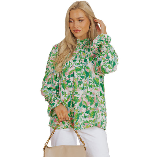 Blusa Cuello Alto de Chifón con Estampado a Juego de Colores - Image 5