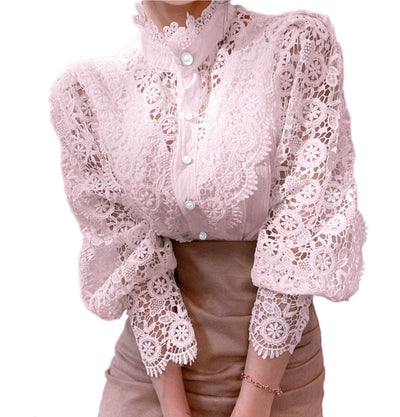 Blusa Elegante de Encaje Floral Hueco con Cuello Mao y Mangas Largas - Image 14