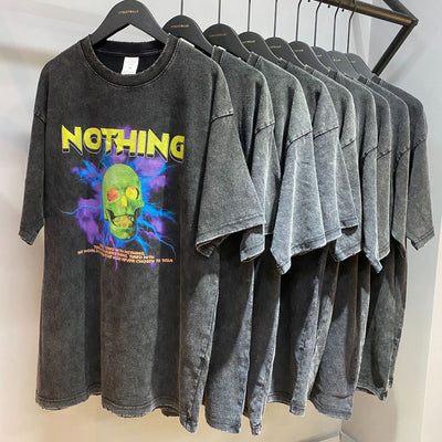 Playera Suelta Estampado Calavera Diablo Lavado Desgastado para Hombre