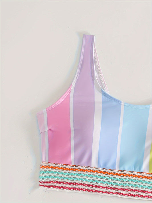 Women's pastel rainbow striped bikini with a sports top and high-waisted bottom, featuring decorative trim. - Image 2