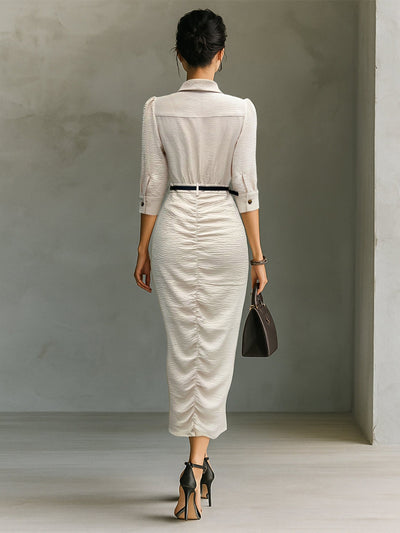 Vestido Camisero Plisado con Cinturón - Manga Corta - Image 12