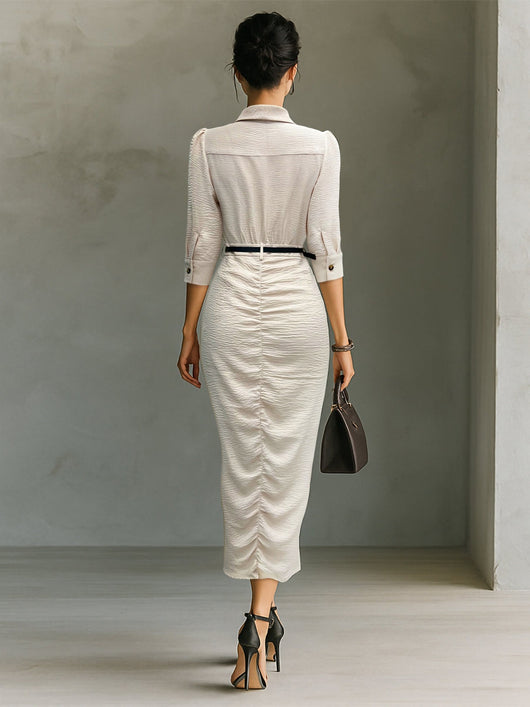 Vestido Camisero Plisado con Cinturón - Manga Corta - Image 12