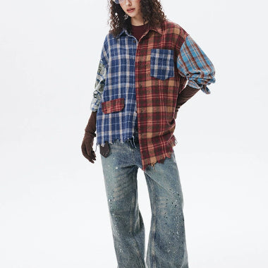 Camisa de Manga Larga Estilo Retro Americano con Diseño de Cuadros y Costuras