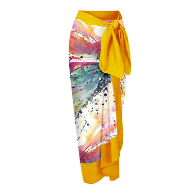 One-piece swimsuit with a deep V-neck and yellow ruffle strap, paired with a matching sarong skirt. Both feature a vibrant watercolor butterfly print. - Image 3