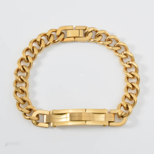 Pulsera de Oro para Hombre con Placa Curva y Diseño de Malla - Brazalete Hip-hop Elegante