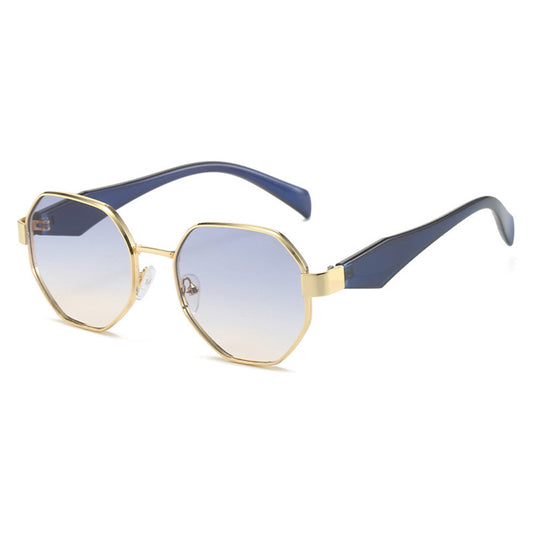 Polygonal sunglasses with a gold metal frame, beige temples, and dark black-gray lenses on a white background. - Image 2