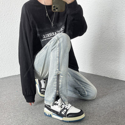 Jeans Rectos Holgados Estilo Hong Kong con Diseño de Cierre