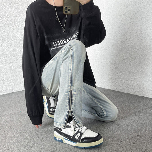 Jeans Rectos Holgados Estilo Hong Kong con Diseño de Cierre