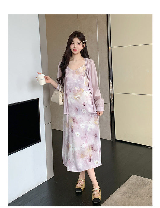 Conjunto Dos Piezas: Vestido Slip Estampado Morado con Cardigan Suave - Image 15