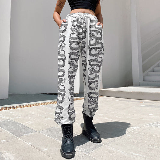 Pantalón Sudadera Estampado Dragón Cintura Alta