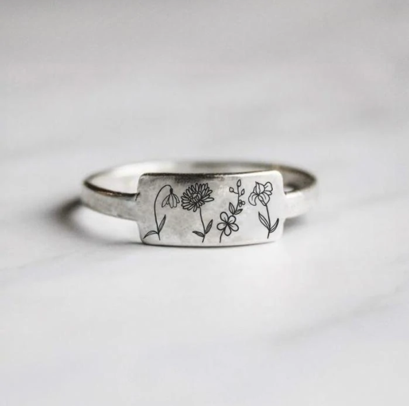 Anillo Retro de Flores del Mes de Nacimiento con Lenguaje Floral