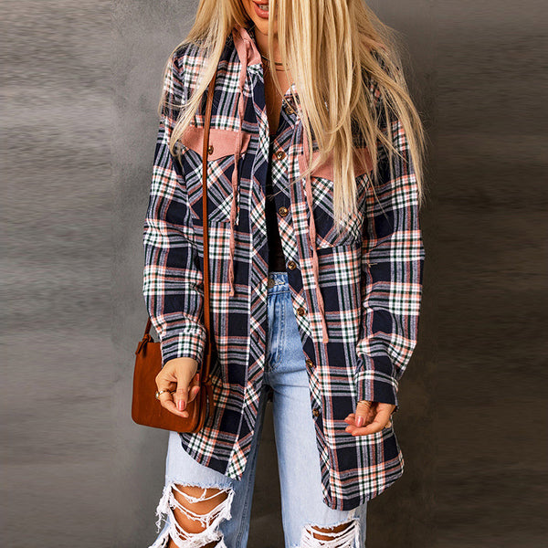 Chaqueta Cardigan de Cuadros para Mujer con Capucha y Contraste de Colores