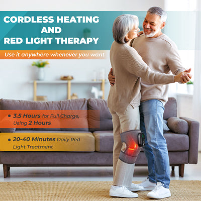 Black knee brace with red infrared lights and a digital control panel, providing heating and vibration massage therapy. - Image 11