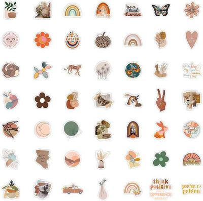 A large collection of bohemian-style stickers featuring rainbows, flowers, animals, and inspirational quotes like "be a kind human" and "choose happy." - Image 3